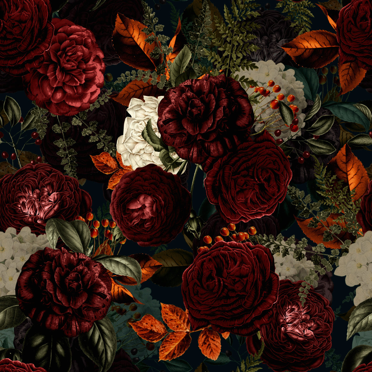 GrandMillennial Dramatic Glamour Heritage Gothic Dark Moody Blumen Wallpaper⁠