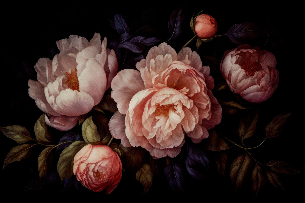 Grandmillennial Dramatic Glamour Heritage Gothic Peach Peonies Moody Florals Wall Mural in your room