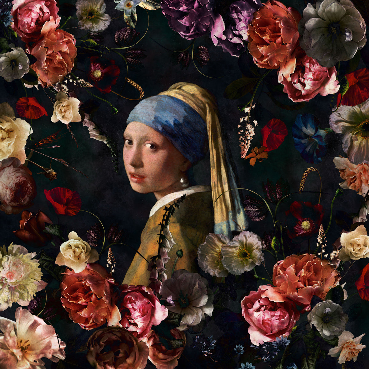 Ragazza con un orecchino di perle: un murale del muro rinascimentale floreale in your room — zoomed