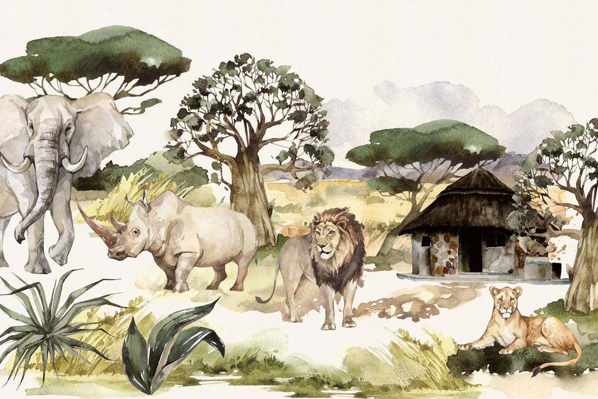 African Wildlife Watercolor Wall Mural in your room — zoomed