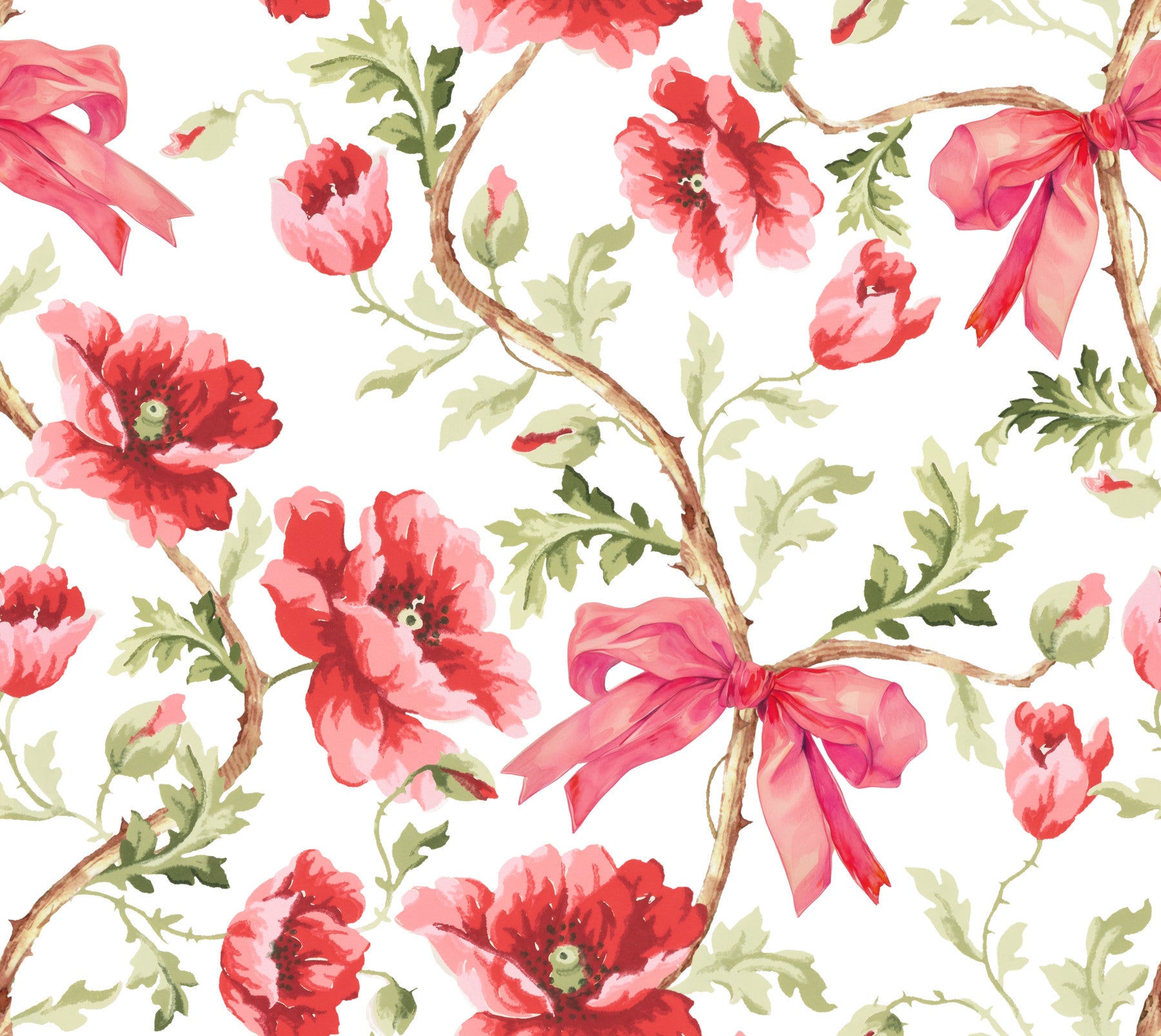 Romantic Preppy Poppy Blooms & Bows Wallpaper⁠