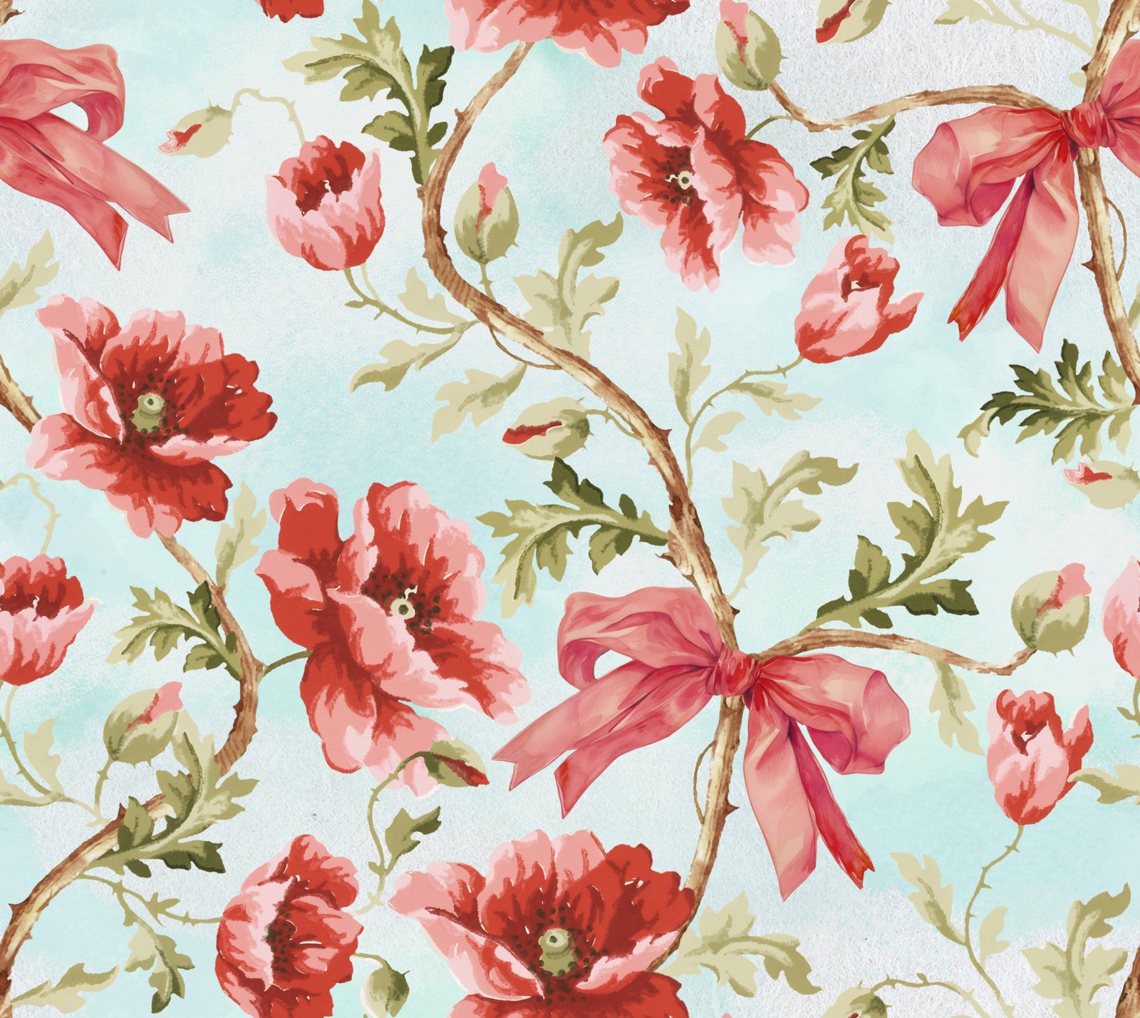 Crimson preppy linten en papavers wallpaper⁠