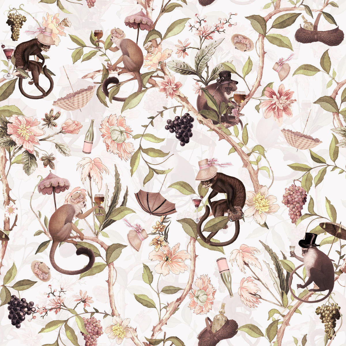 Affen & blüht eine Chinoiserie Tea Party Wallpaper⁠ in your room — zoomed