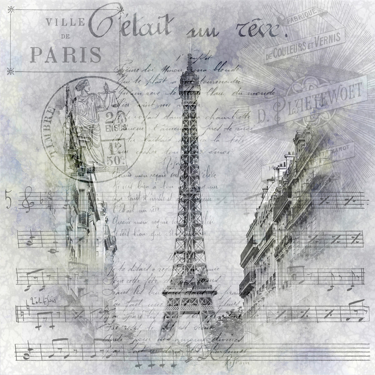 Paris Collage | Eiffel Tower streetscene Wall Mural in your room — zoomed