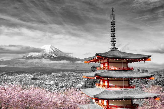 Magnifica vista del Monte Fuji con Chureito Pagoda durante la stagione dei fiori di ciliegio | Murale a parete colorkey