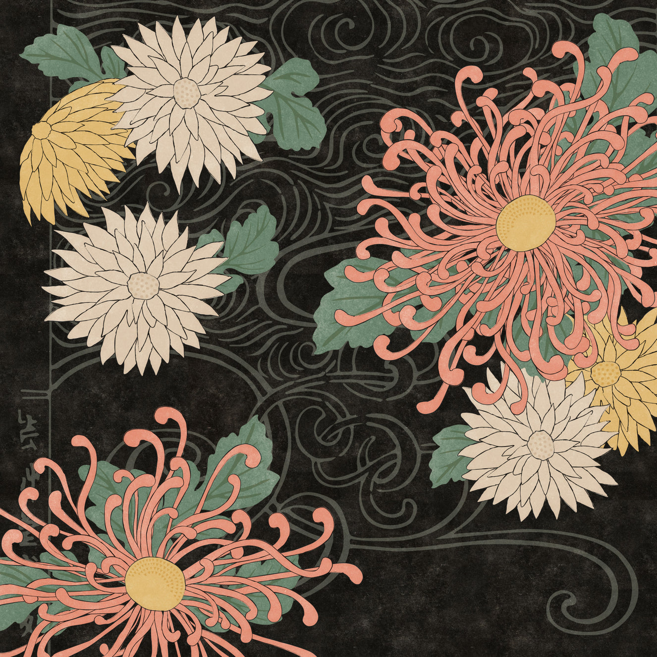 Midnight Chrysantemums Mural de perete cu imprimeu japonez