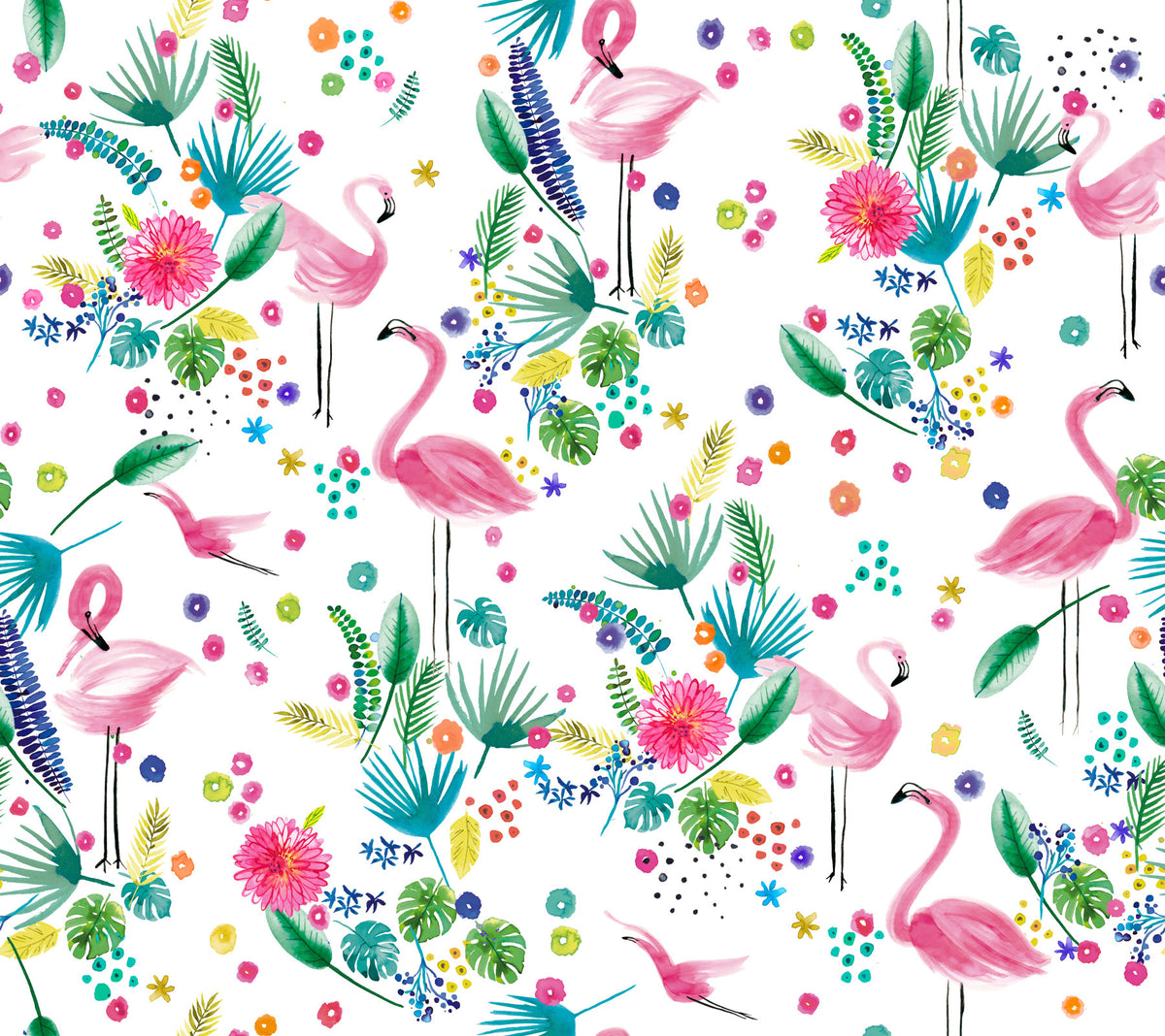 Tropical Flamingo Jungle Pink Green Wallpaper⁠ in your room — zoomed