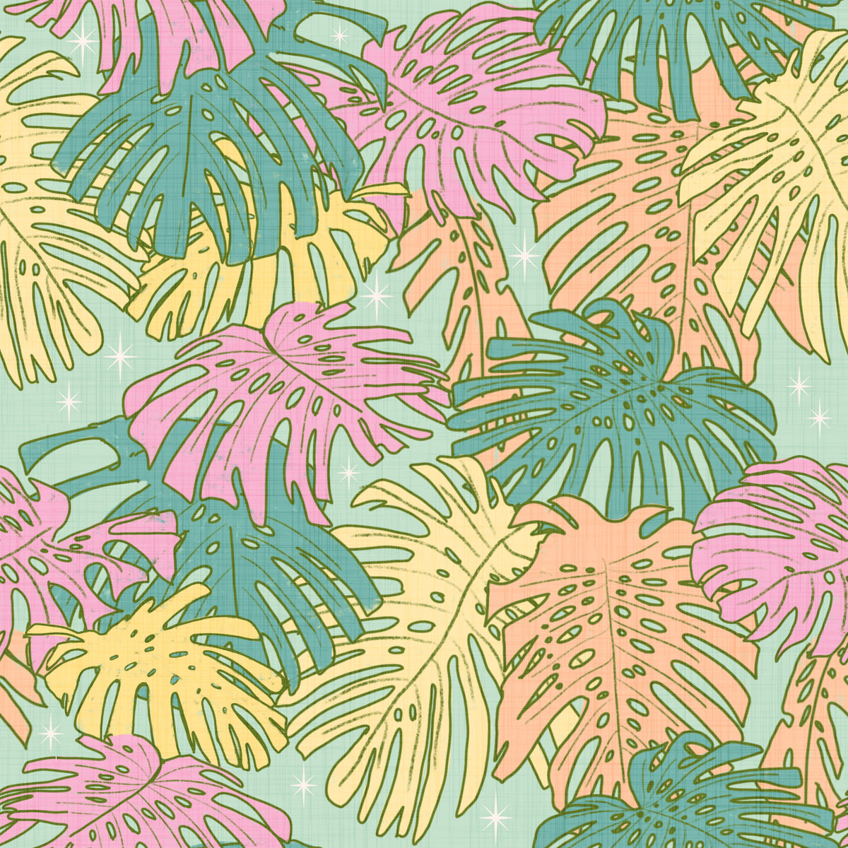 Pastel Tropical Monstera - Palm Springs Retro Aqua Wallpaper⁠ in your room — zoomed