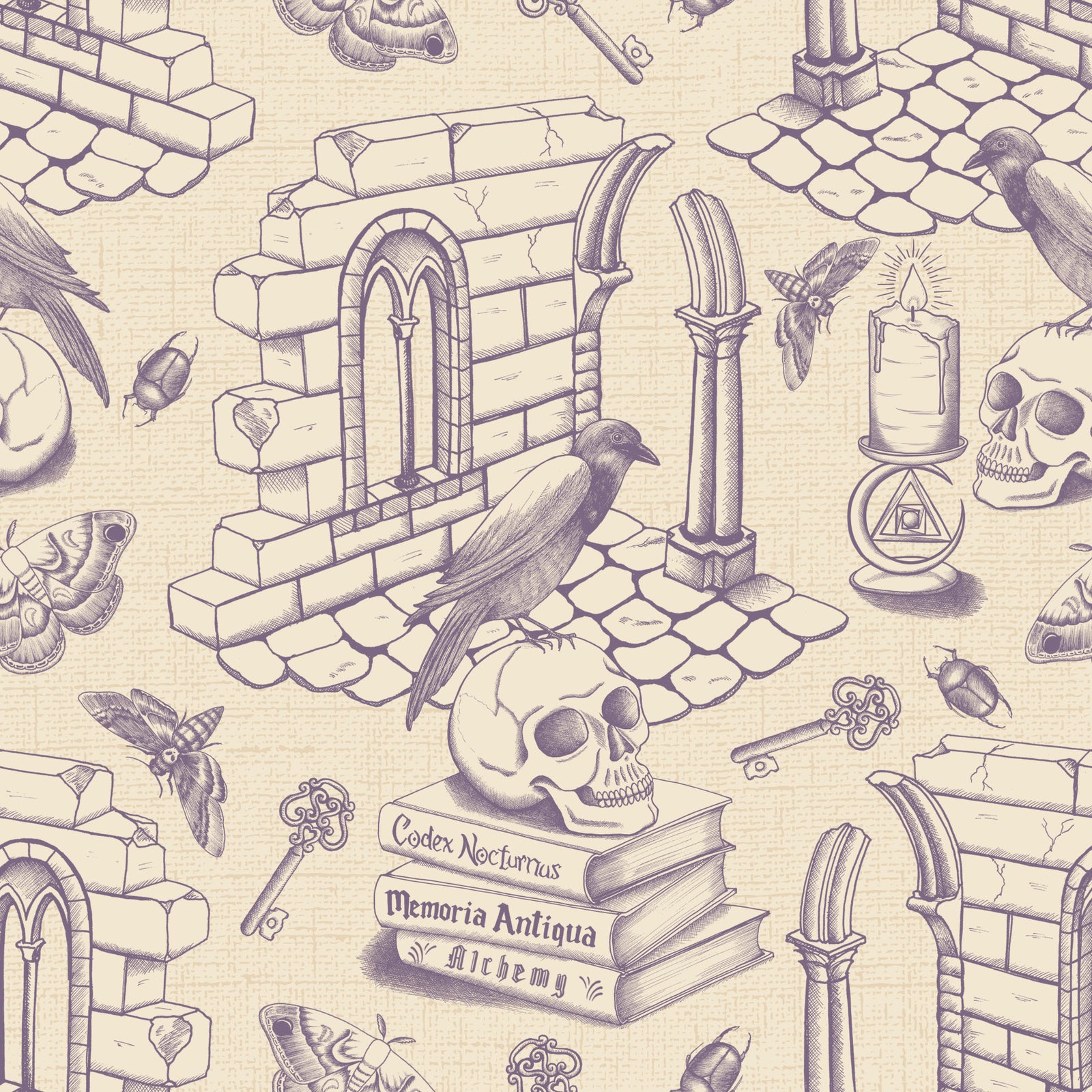 Dark Academia Toile de Jouy - Grå lilla tapet⁠