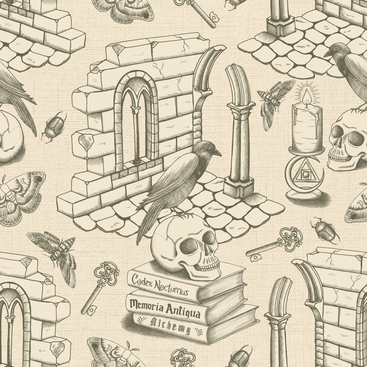 Dark Academia Toile de Jouy - sfondo verde oliva⁠