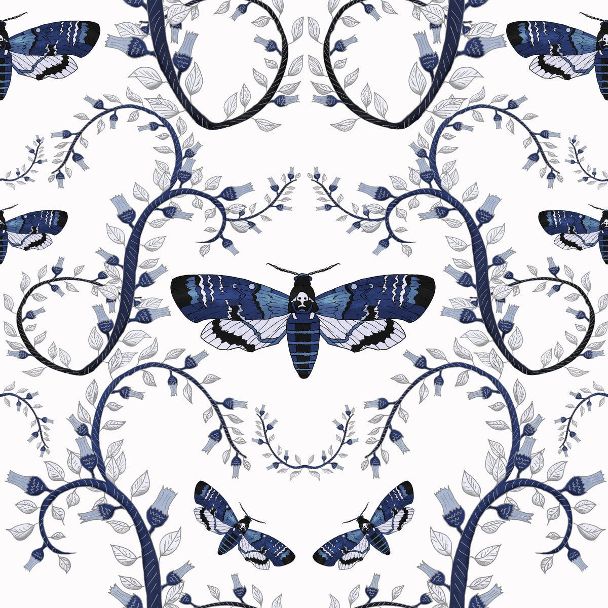 Blue Gothic Moth Vines Wallpaper⁠ in your room — zoomed