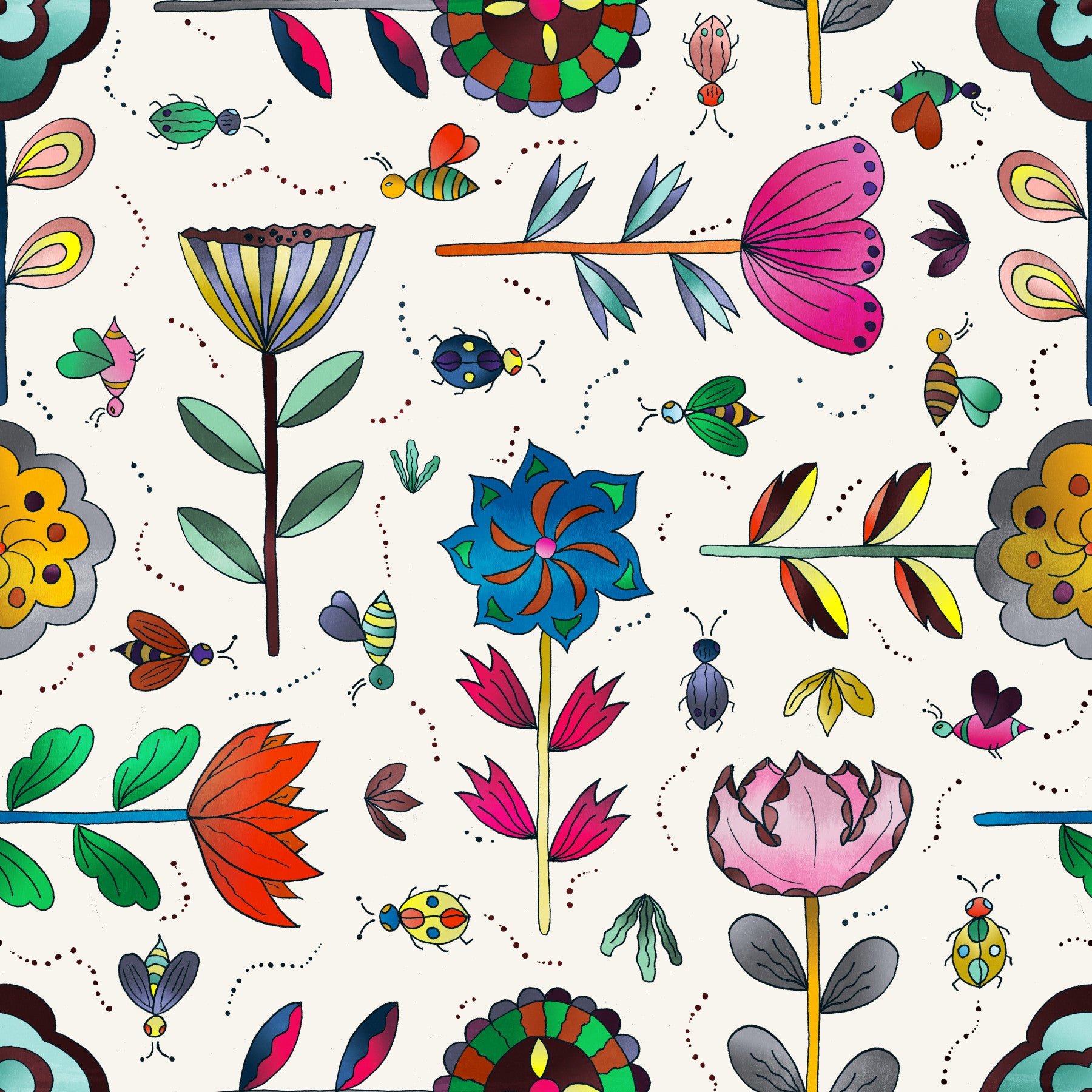 Insekten und Blumen weiße Tapete⁠