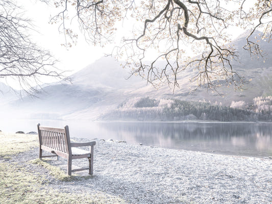 Banc par la peinture murale du lac Still