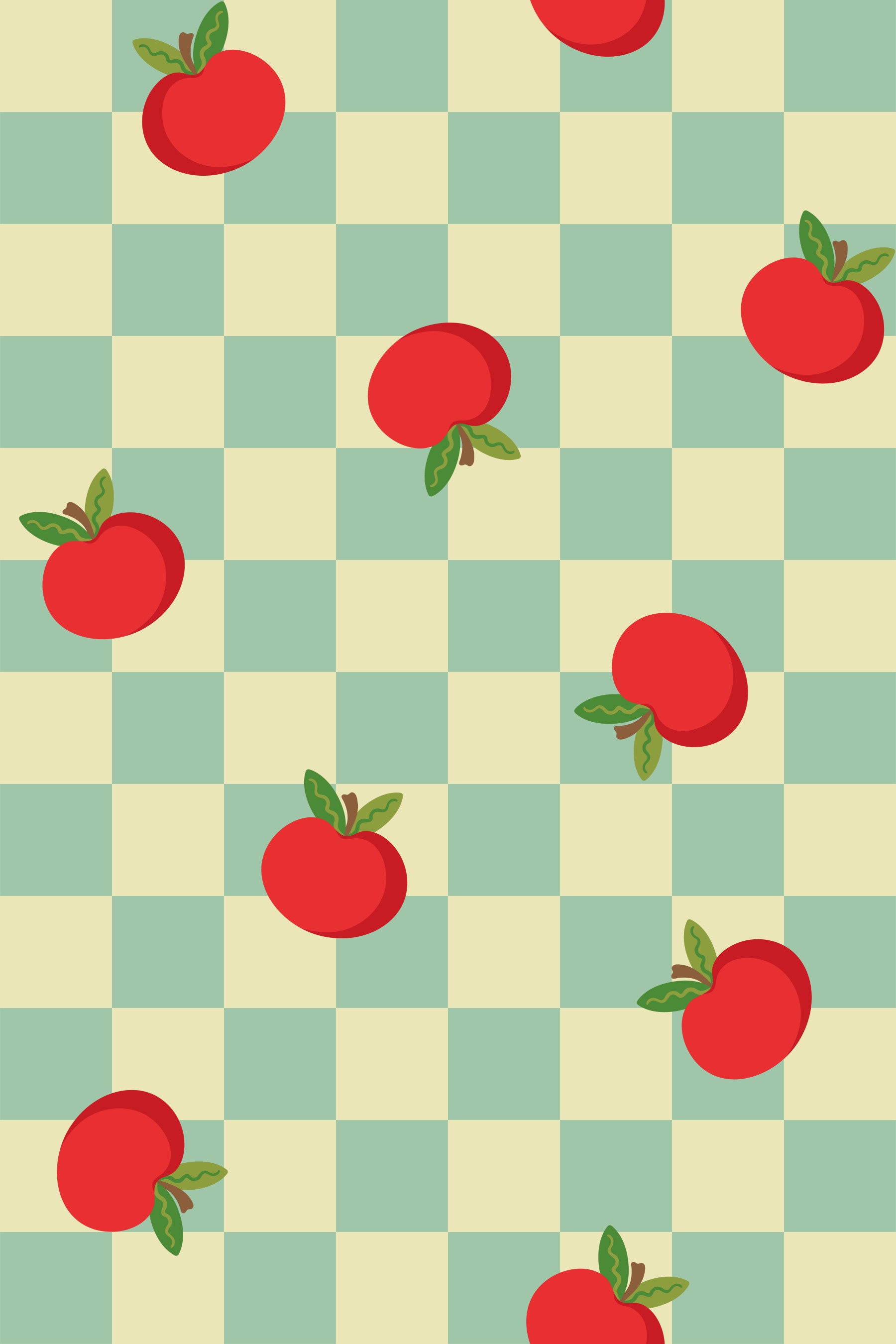 Apple Checkerboard Vintage Nostalgic Cottagecore Fruit Red Blue Cream Wallpaper⁠