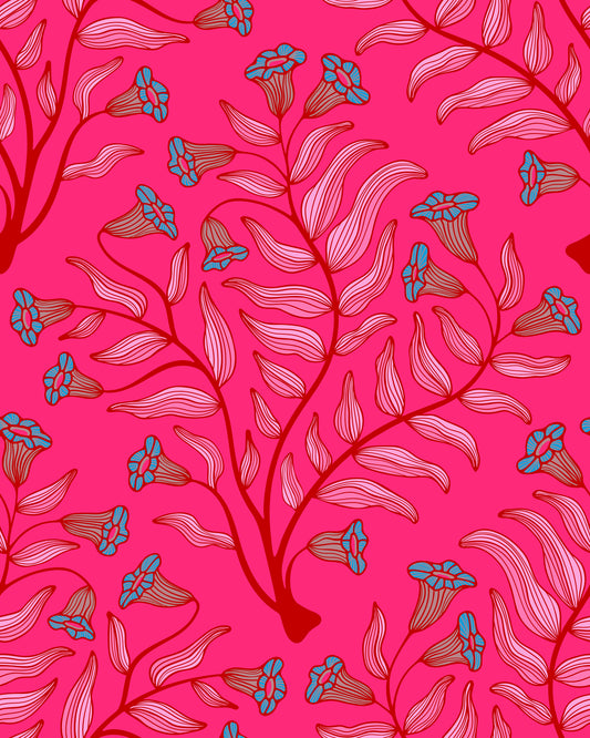 Tromba fiore damask vintage floreale gioiello botanico carta da parati rossa di ciliegia rosa⁠