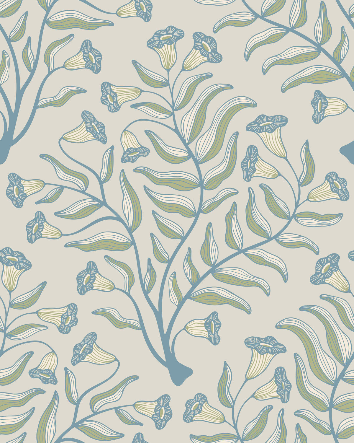 Trompete Blume Damast Vintage Blumen botanische Hütte Blau Salbei grün grau Tapete⁠ in your room — zoomed