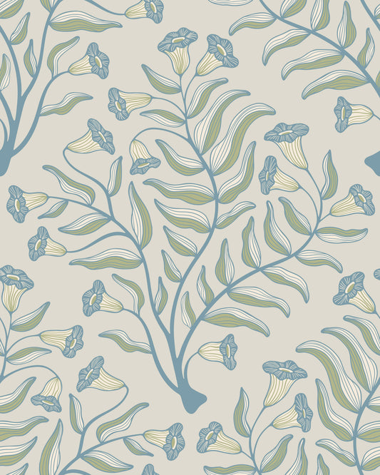 Tromba fiore damask vintage floreale botanico cottage blu salvia sfondo grigio grigio⁠