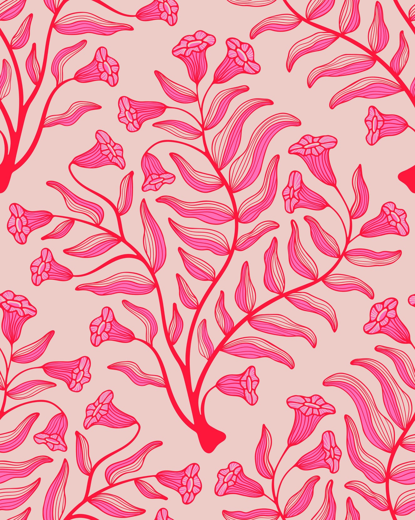 Trompete Blume Damast Vintage Blumen botanische Fuchsia Rot hellrosa Tapete⁠