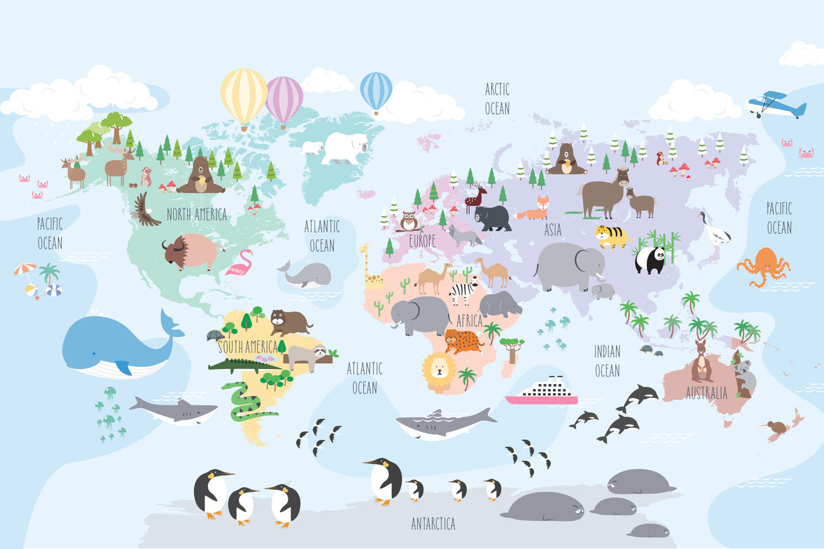 Murale de la carte animale du monde fantaisiste murale in your room — zoomed