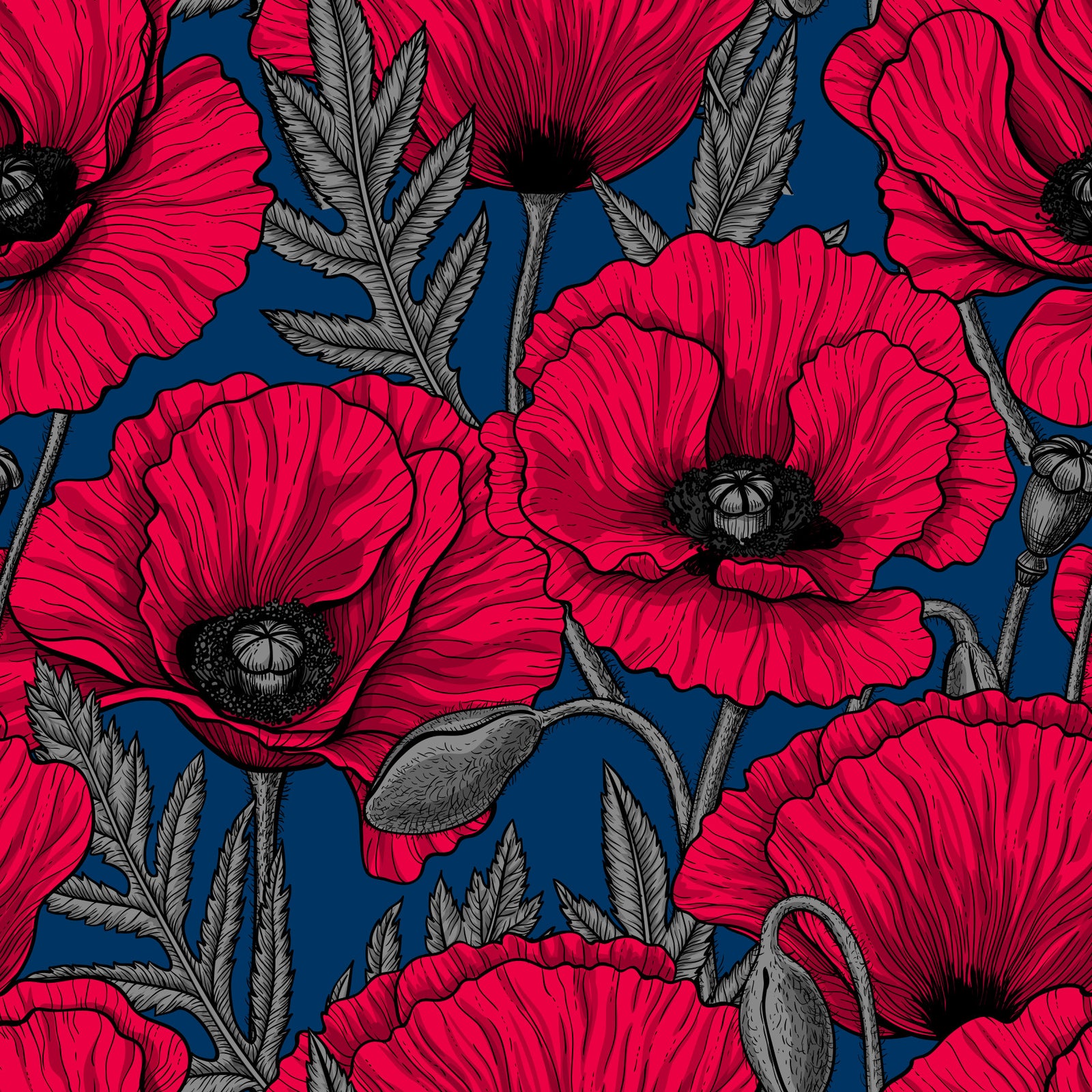 Rote Mohnblumen auf dunkelblaues Tapete⁠