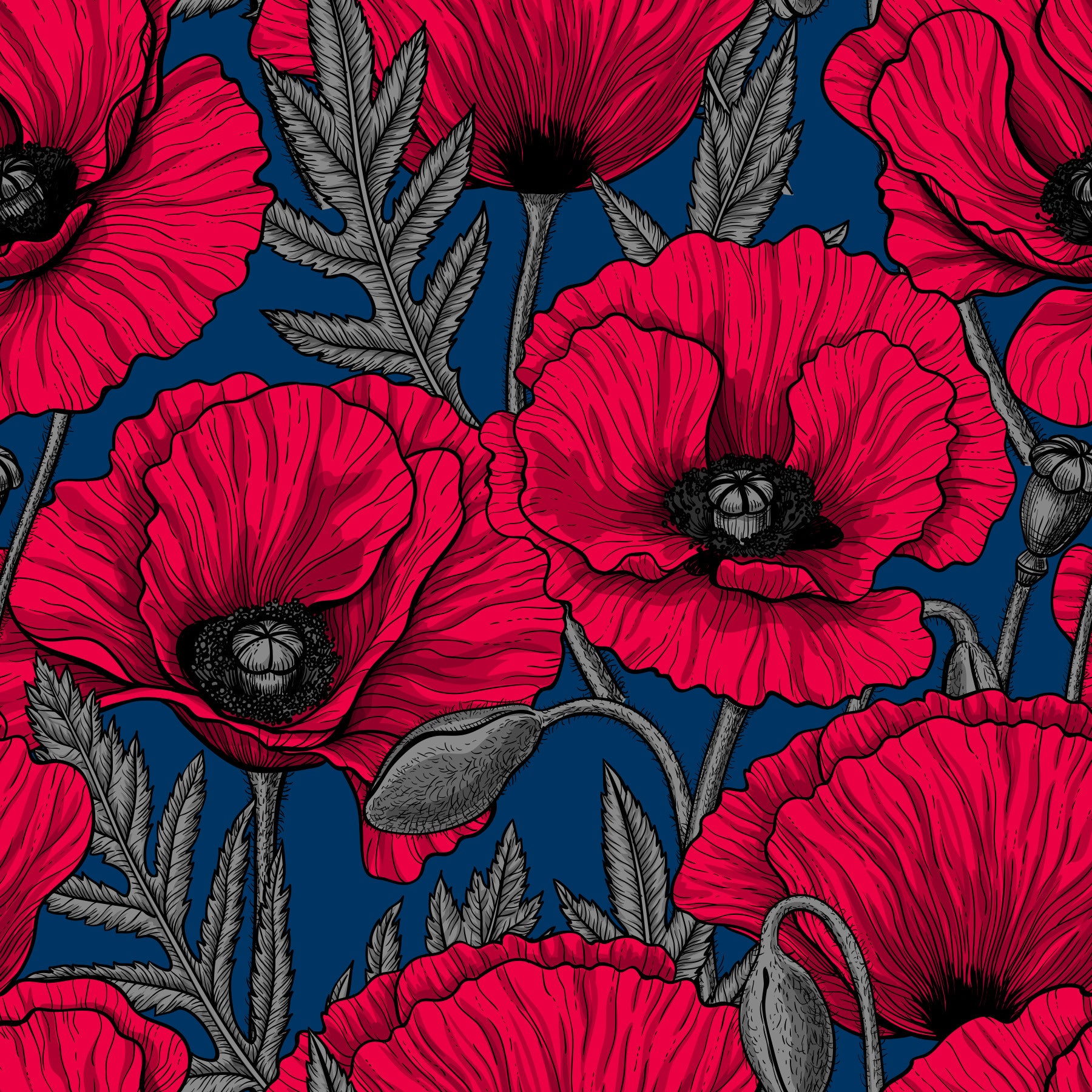 Poppies rossi su carta da parati blu scuro⁠