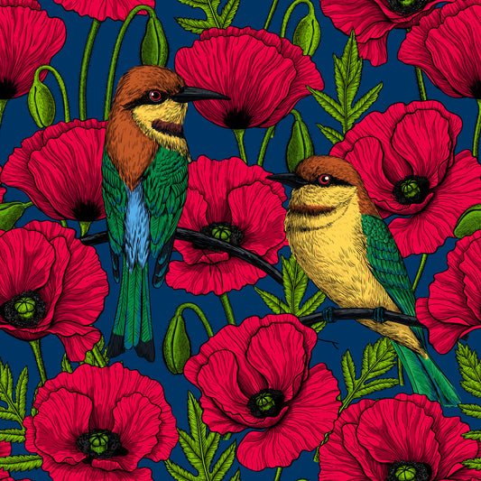Rote Mohnblumen und Bienenfresser auf dunkelblaues Tapete⁠