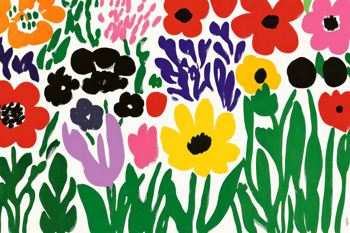 Vintage Matisse Cut-Out Flowers in a Joyful Abstract Garden Scene Wall Mural in your room — zoomed