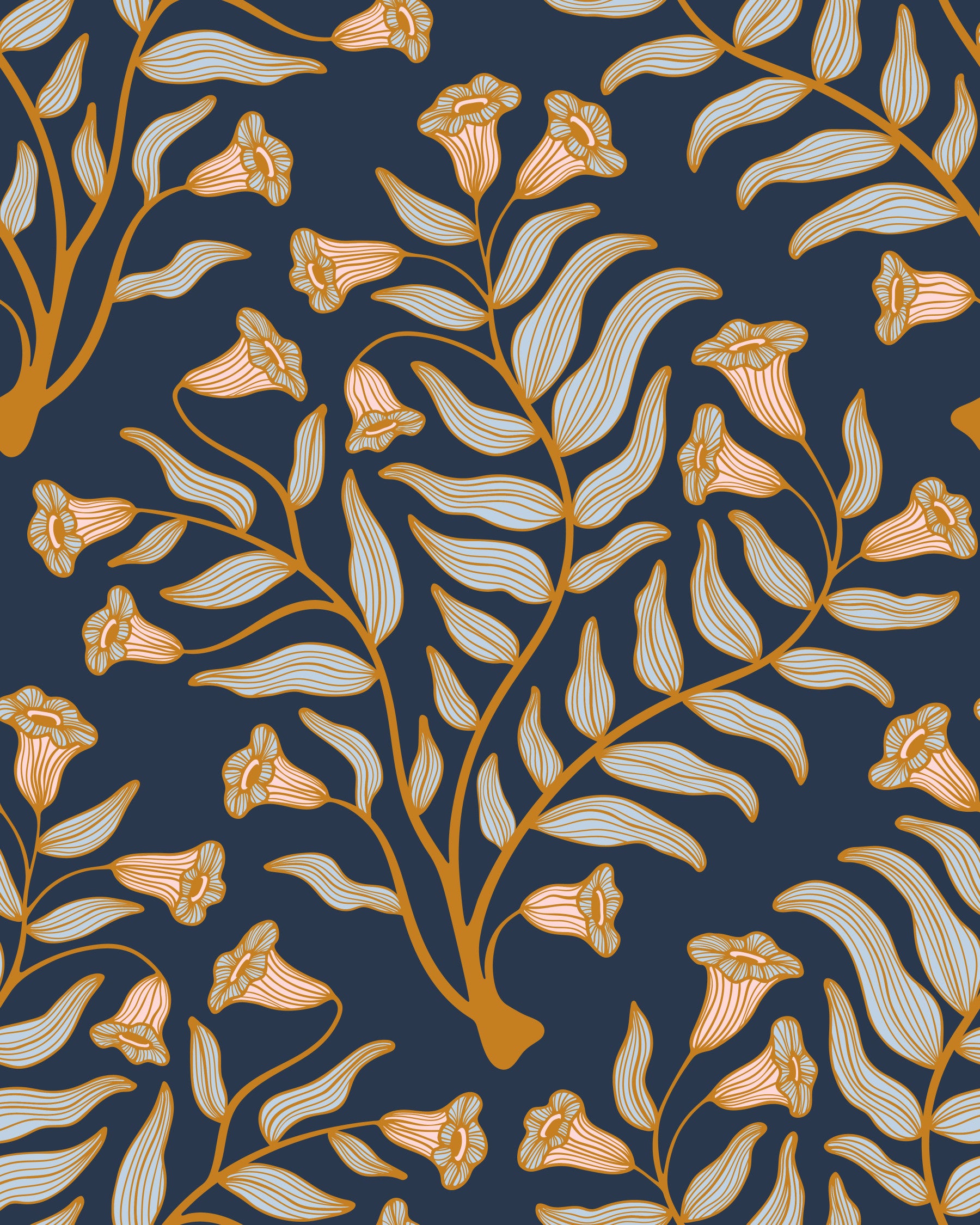 Trumpet Flower Damask Vintage Floral Botanical Dark Indigo Blue Wallpaper⁠ in your room — zoomed