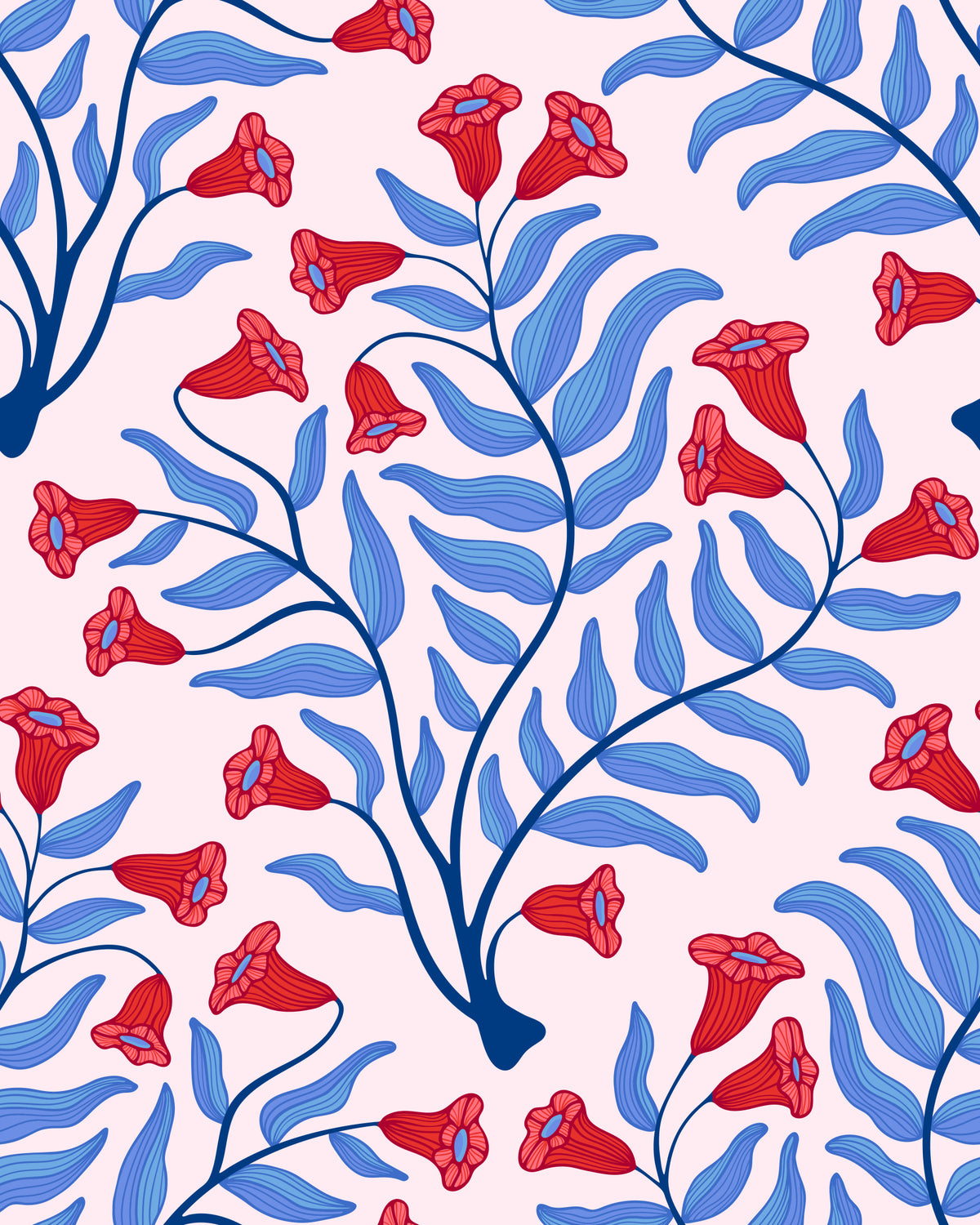 Trompet bloem damast vintage bloemen botanisch koel blauw rood licht roze behang⁠ in your room — zoomed