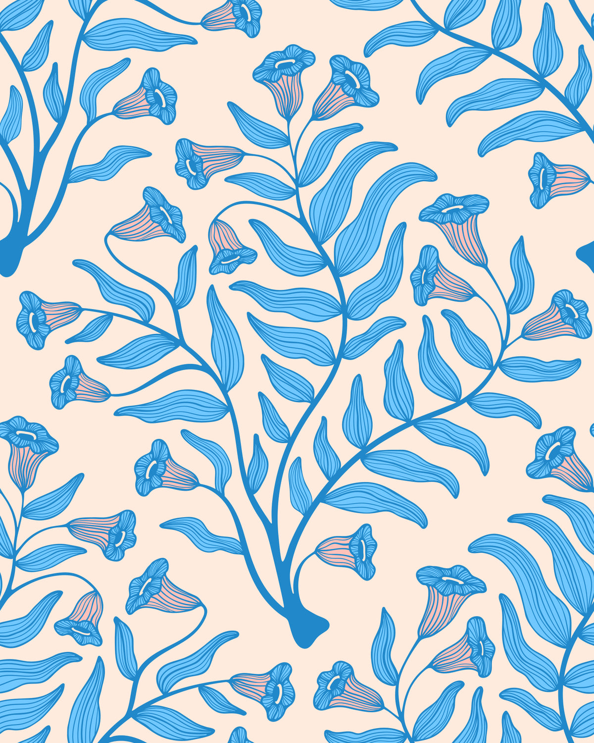 Trompet blomst damask vintage blomster botanisk lyseblå creme tapet⁠ in your room