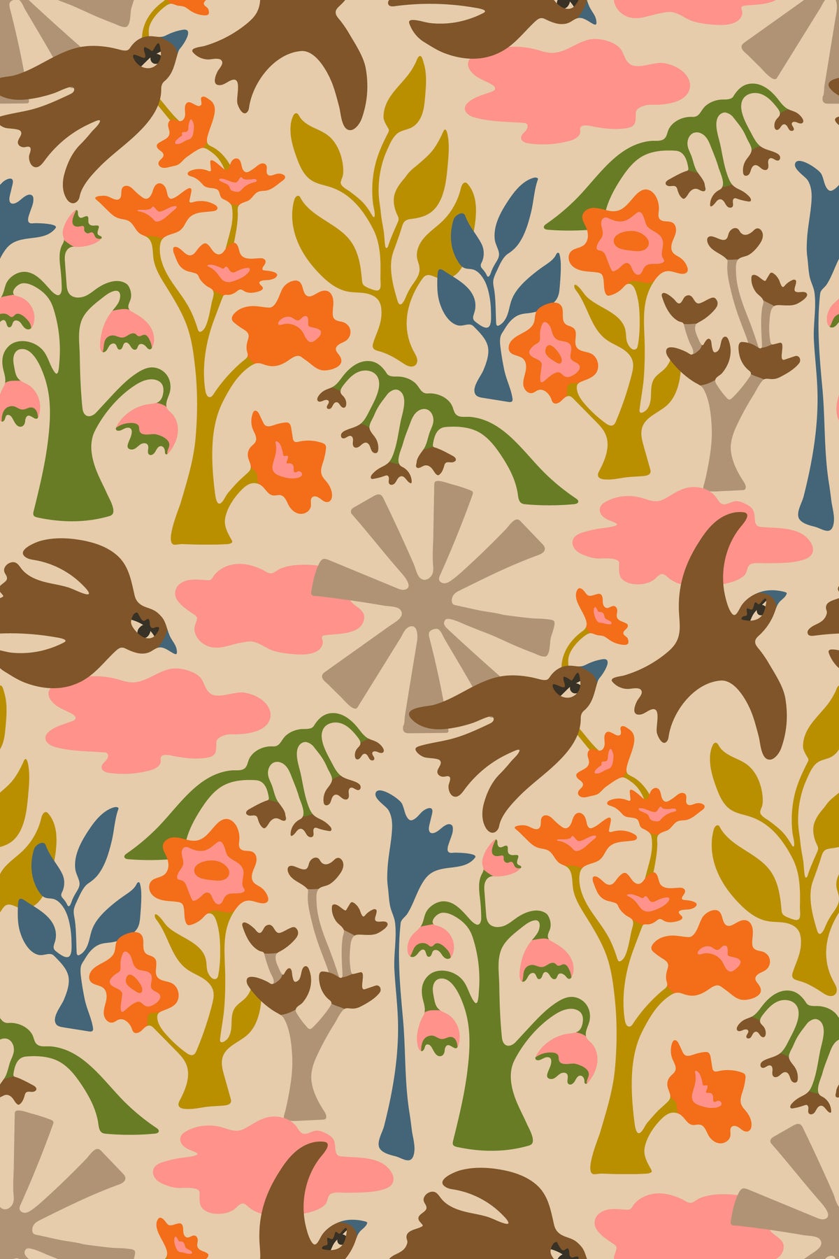 Gartenvögel charmante Sommer floral erdig braun grün rosa orange wallpaper⁠ in your room
