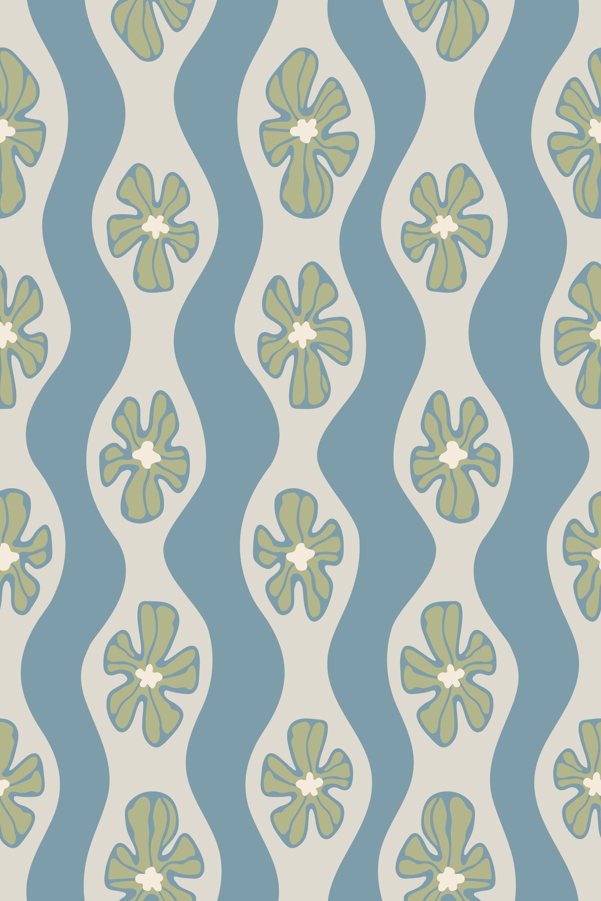 Ripple Blumen -Retroblüten Mitte des Jahrhunderts Wellenstreifen Cottage Hellblau Tapete⁠ in your room
