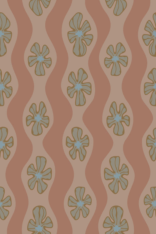 Ripple blomster retro blomst midt i århundrede bølget striber mokka mousse brun tapet⁠