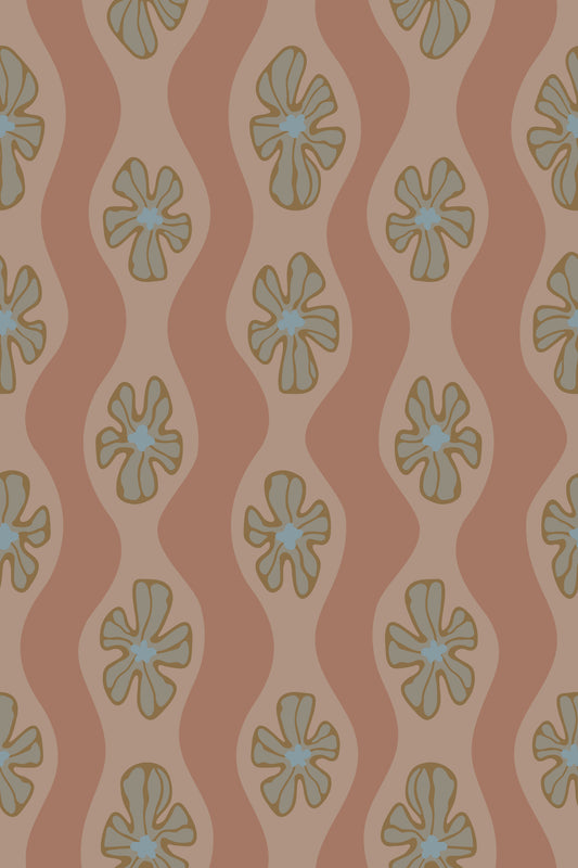 Ripple Floral Retro Flower Mid Century Wavy Stripes Mocha Mousse Brown Wallpaper⁠