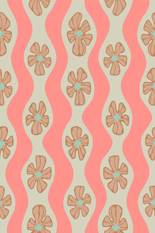 Ripple Floral Retro Flowers Mid Century Wavy Stripes Cottage Cream Beige Blush Orange Pink Wallpaper⁠
