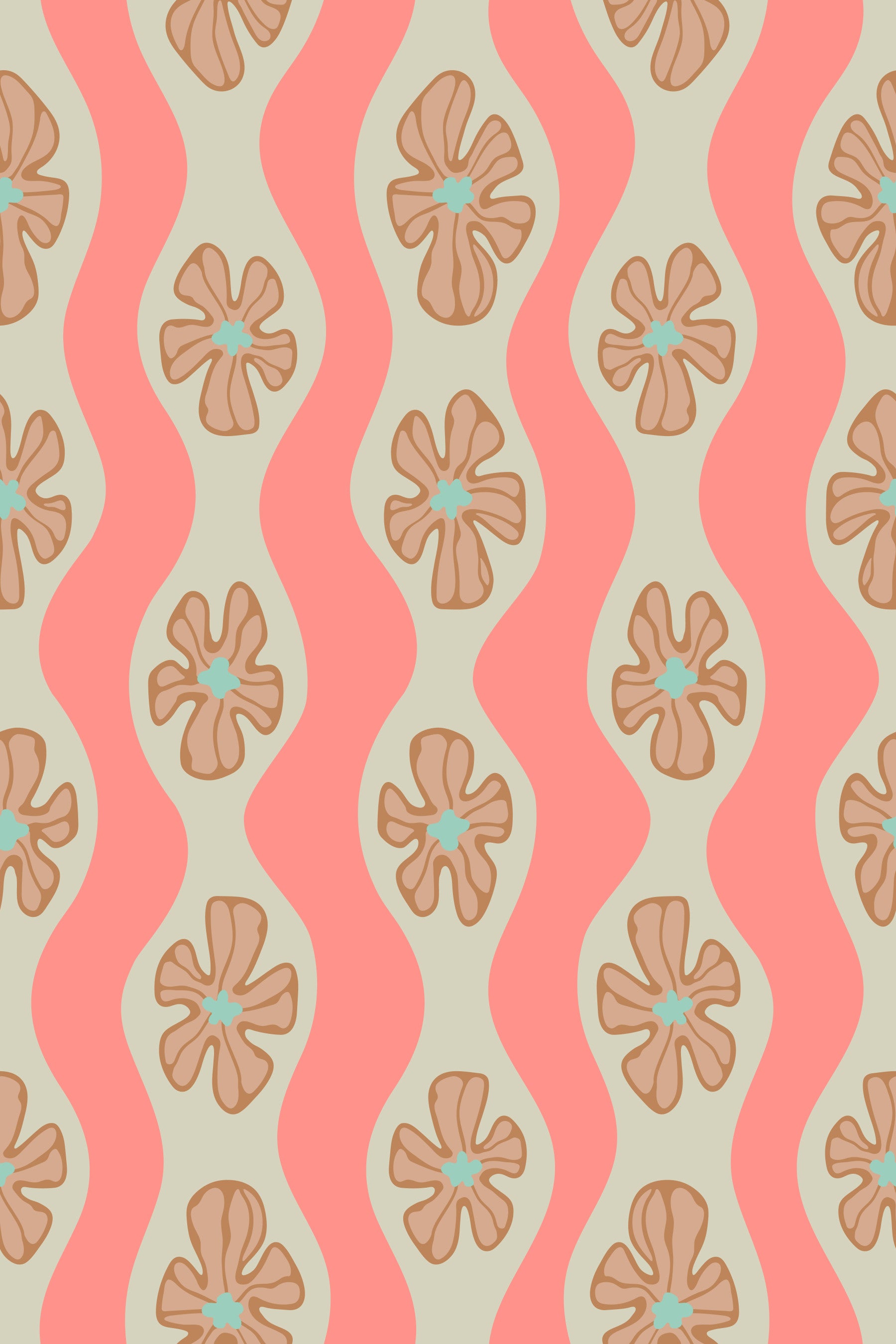 Fleurs rétro florales ondulées Mid siècle Stripes ondulées Cottage Crème beige Blush Orange Pink Wallpaper⁠
