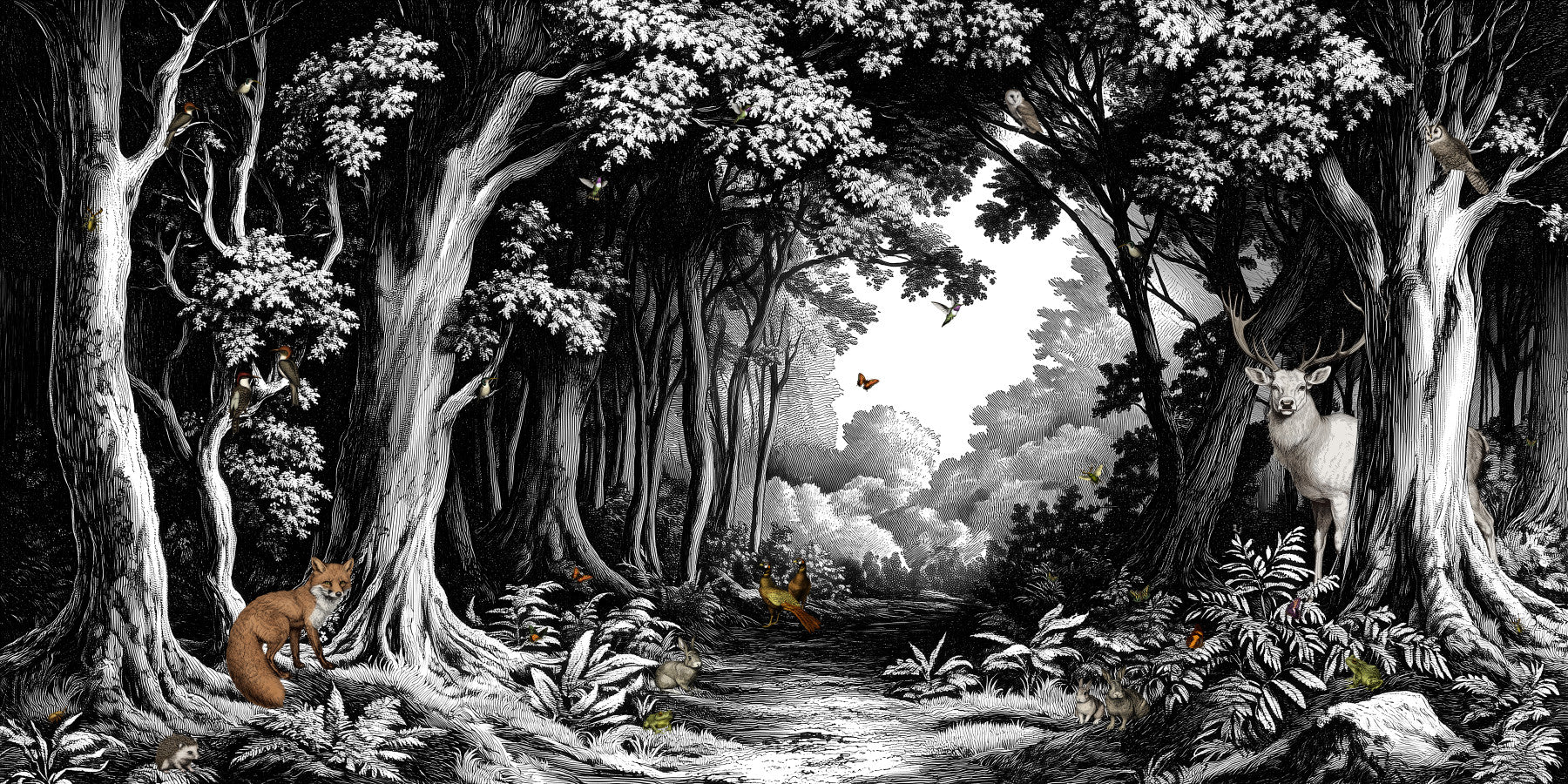 Into the Forest - Black & White Wall Mural