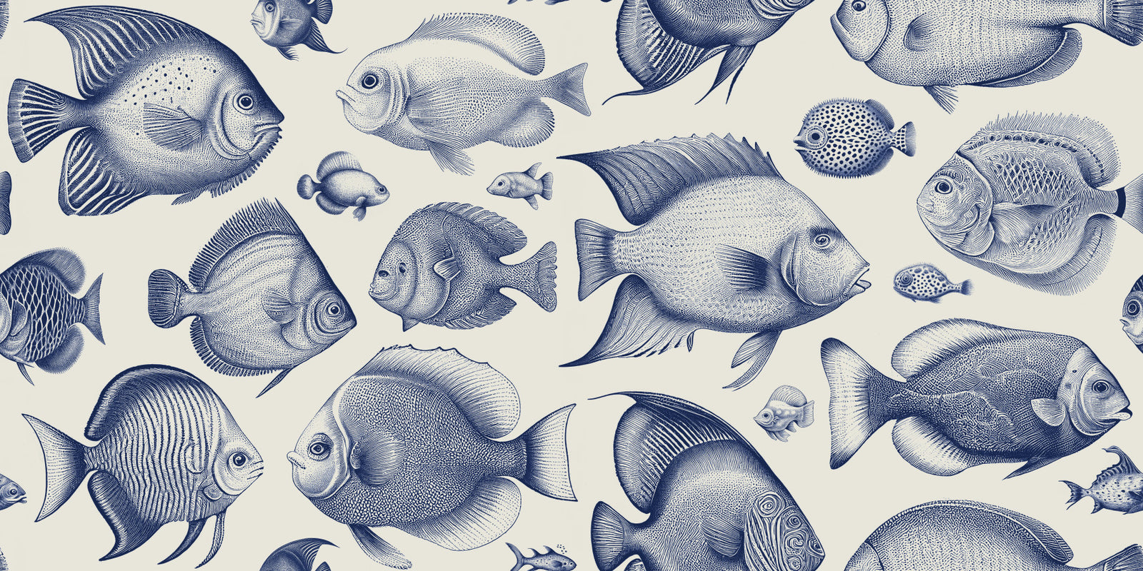 École de poisson étrange - fond d'écran bleu Delft⁠