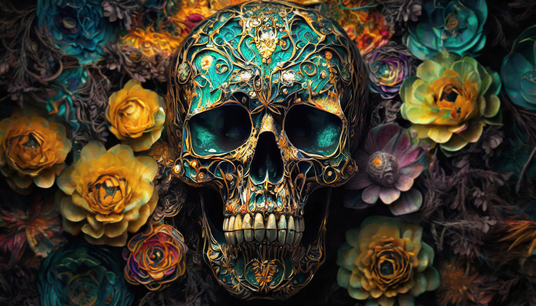 Memento Mori Blooms and Bone Wall Mural in your room — zoomed