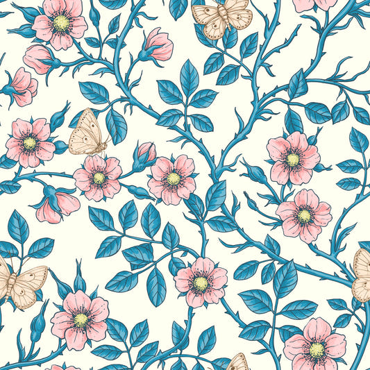 Roses sauvages et papillons/rose/bleu/éteint papier peint blanc⁠