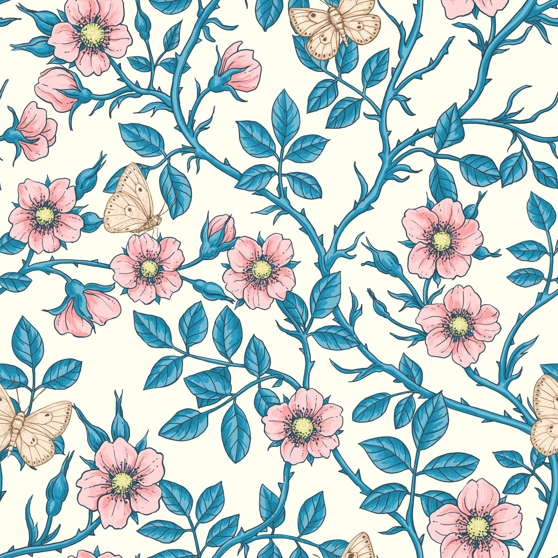 Wilde Rosen und Schmetterlinge/Rosa/Blau/Off White Tapete⁠