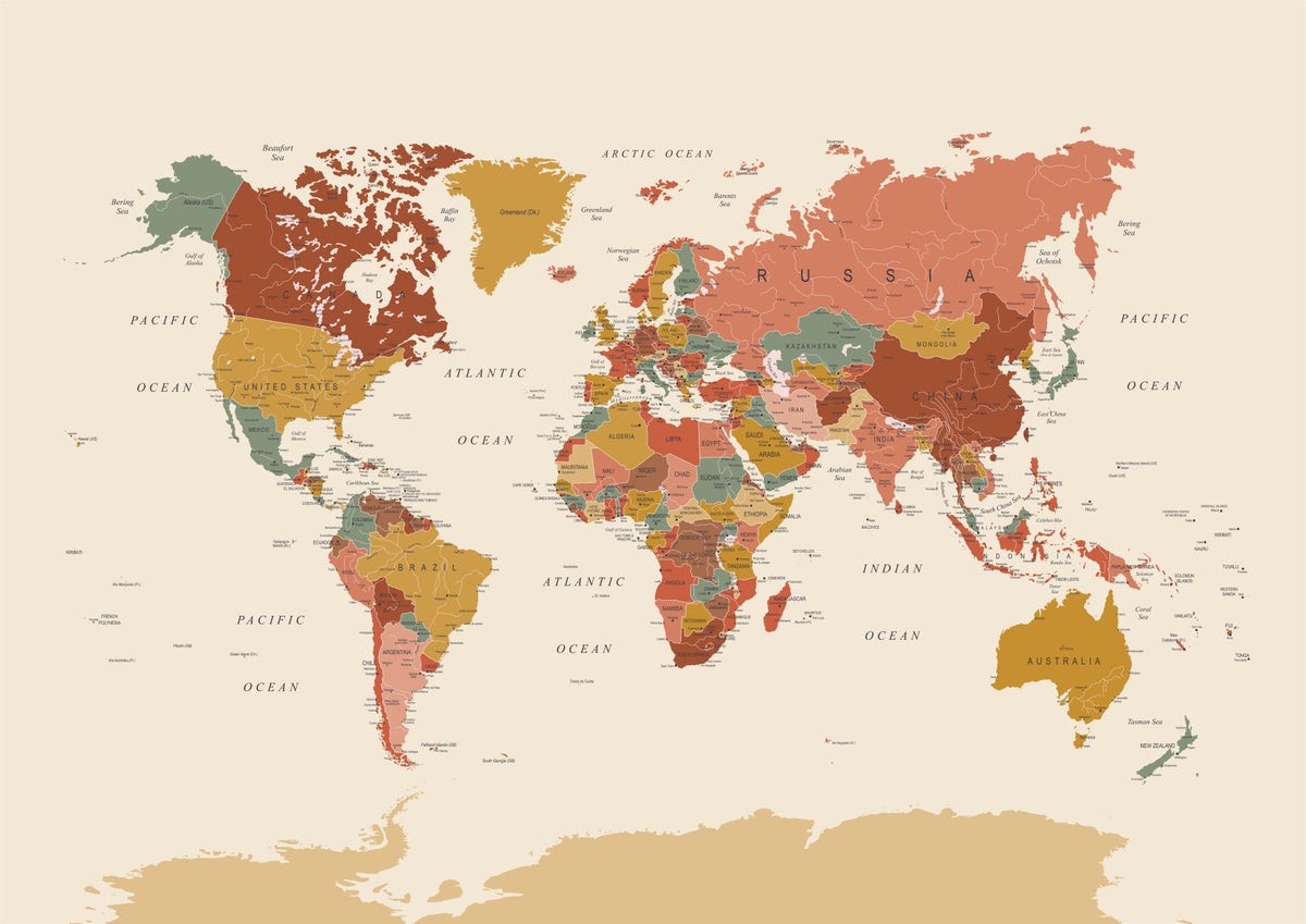 Vintage Earth Tone Map Global Style Wall Mural in your room — zoomed