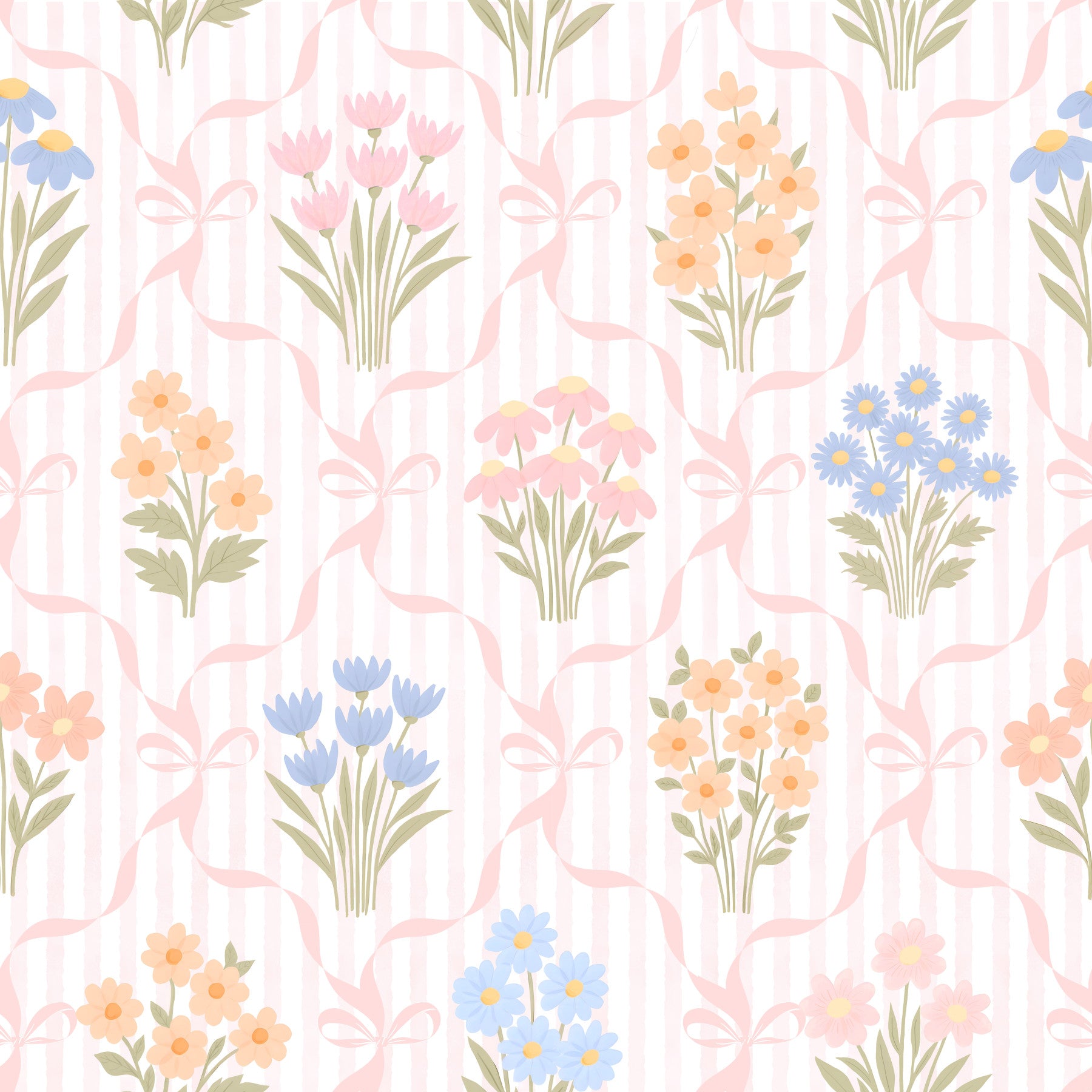 Vintage Retro Cottagecore Spring Blumenstrauß Muster mit rosa Bändern Wallpaper⁠