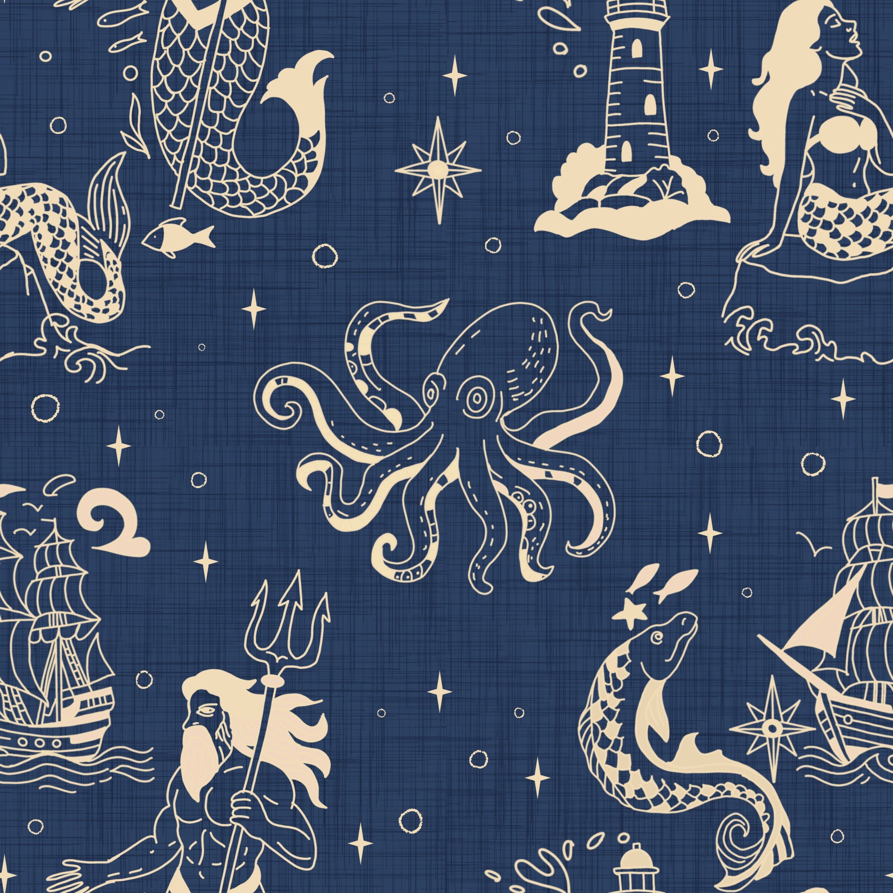 Mitologia nautica inchiostrata - sfondo blu oceano retrò⁠ in your room — zoomed