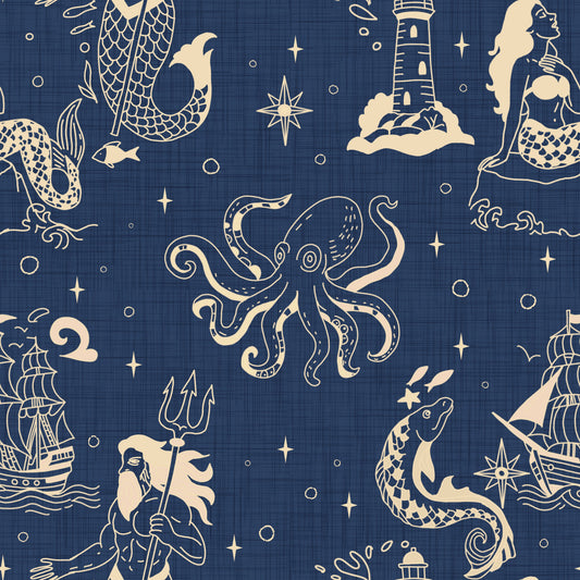 Nautische Mythologie eingefärbt - Retro Ozeanblau Tapete⁠