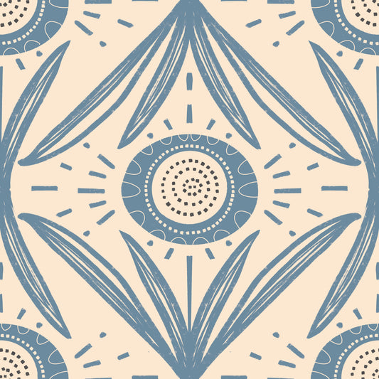Folk Bloom Radiance Dusty Blue - Mid Century Floral Wallpaper⁠