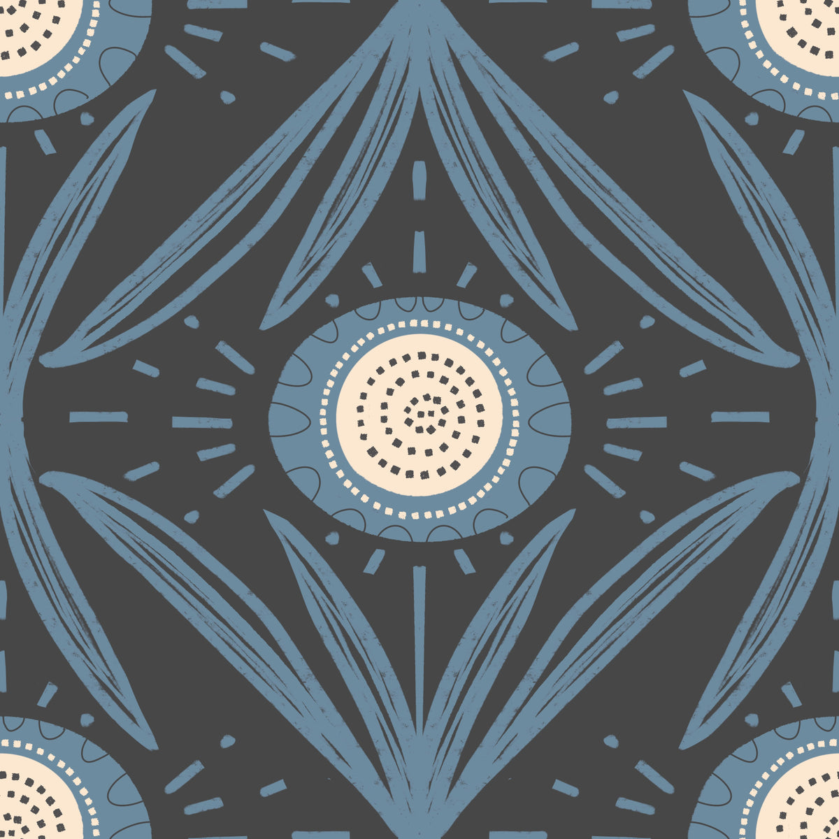 Folk Bloom Radiance Dusty Blue Charcoal - sfondo floreale retrò⁠ in your room