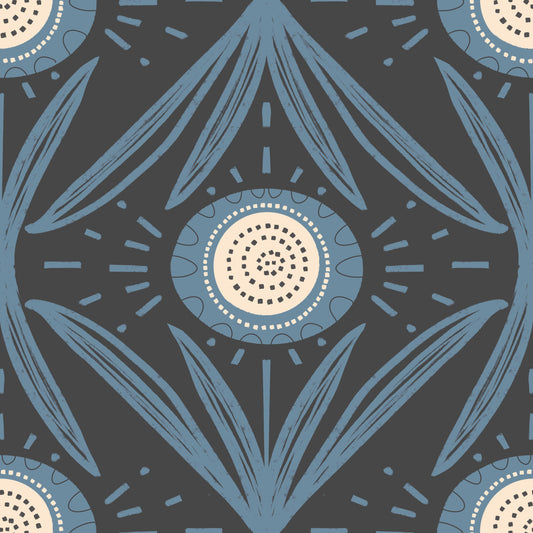 Folk Bloom Radiance Dusty Blue Charcoal - Retro Floral Wallpaper⁠