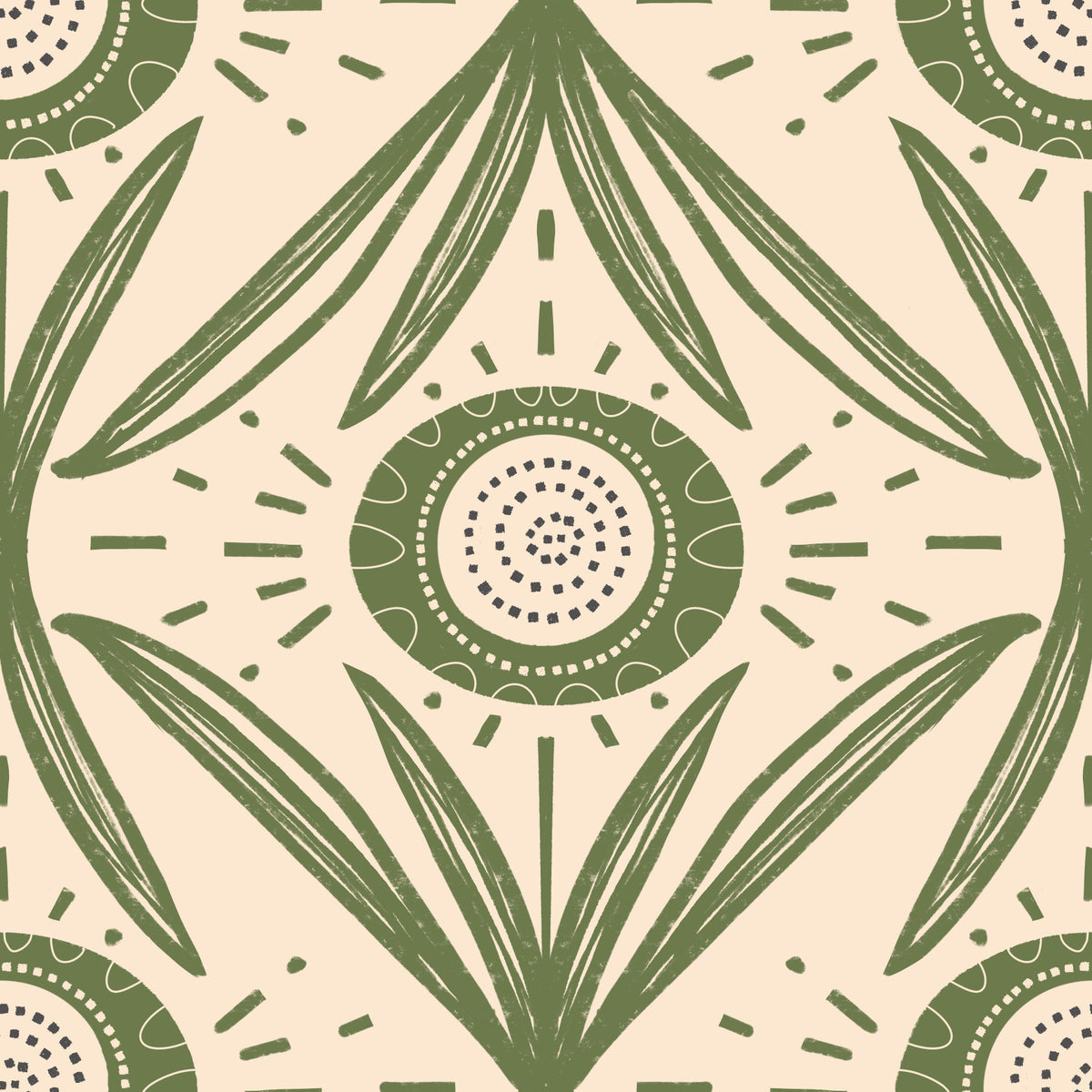 Folk Bloom Radiance Olive Green - Farmhouse Floral Wallpaper⁠ in your room