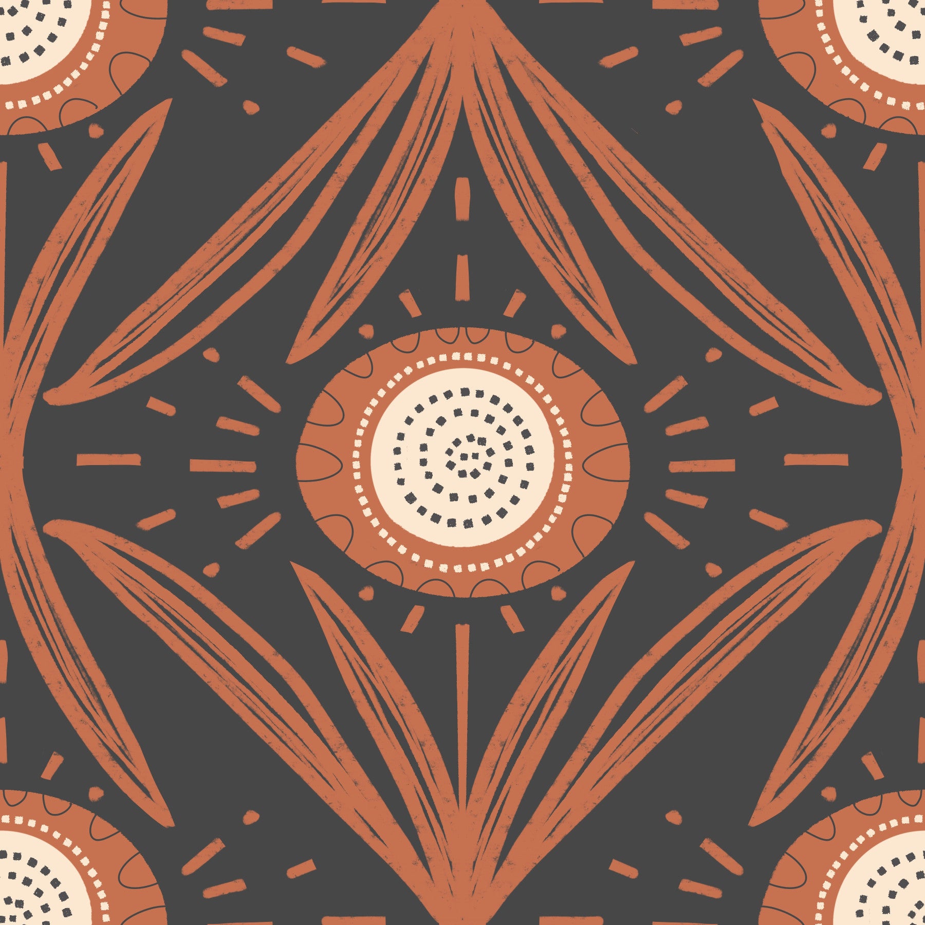 Folk Bloom Radiance Terracotta Charcoal - Wallpaper floreale Mid mod